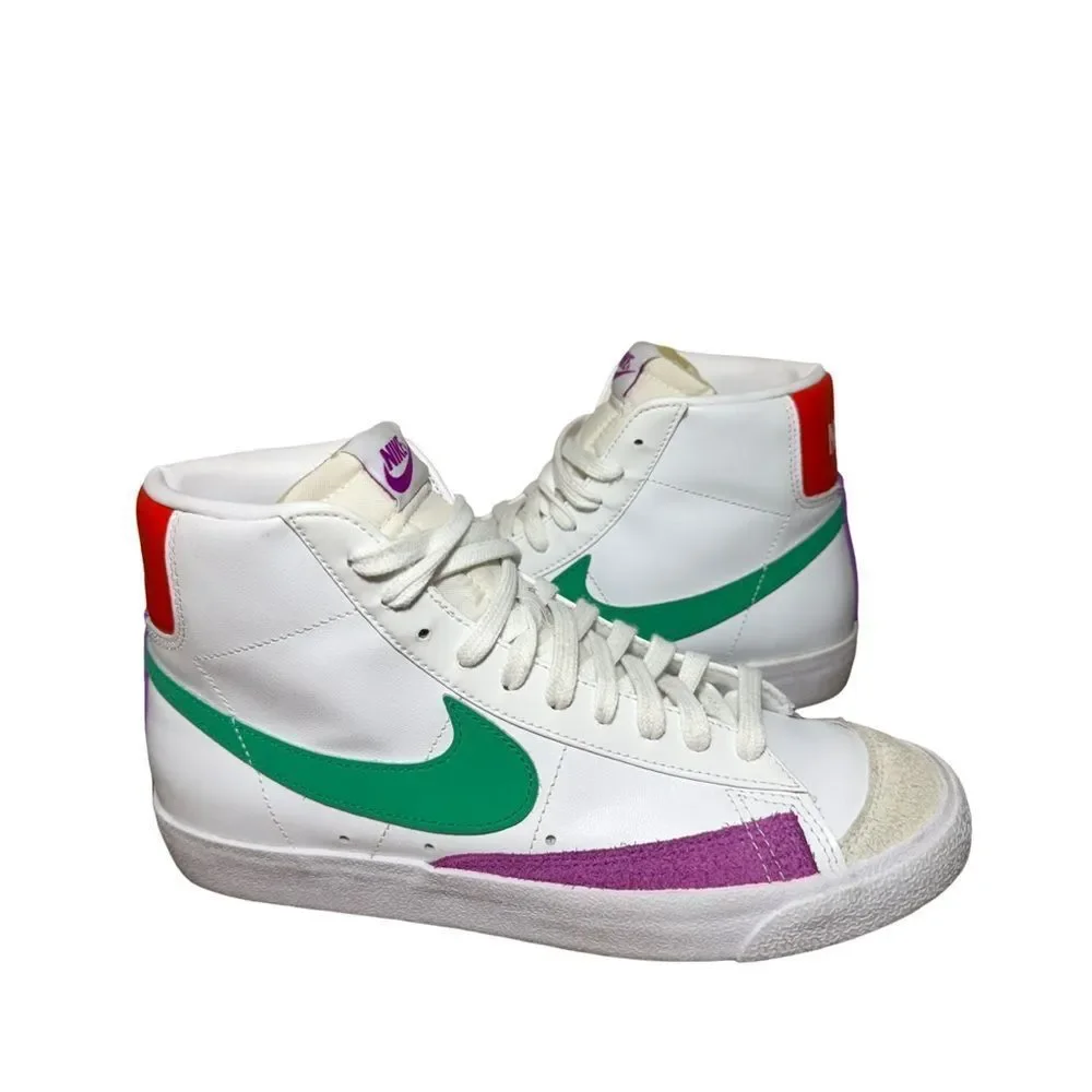 Nike Blazer Mid White Leather Sneakers with Green Swoosh & Purple size 9.5